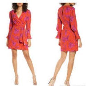 Harlyn Floral Sketch Long Sleeve Dress Poppy Magenta.  SZ S